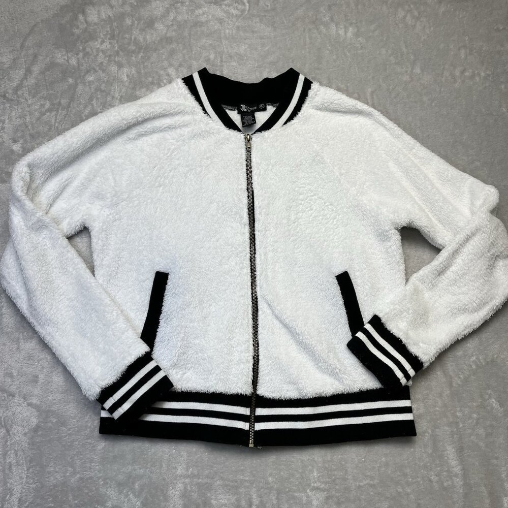 Retro varsity bomber jacket by Miss Chievous, fluffy bright‎ white fuzzy fleece